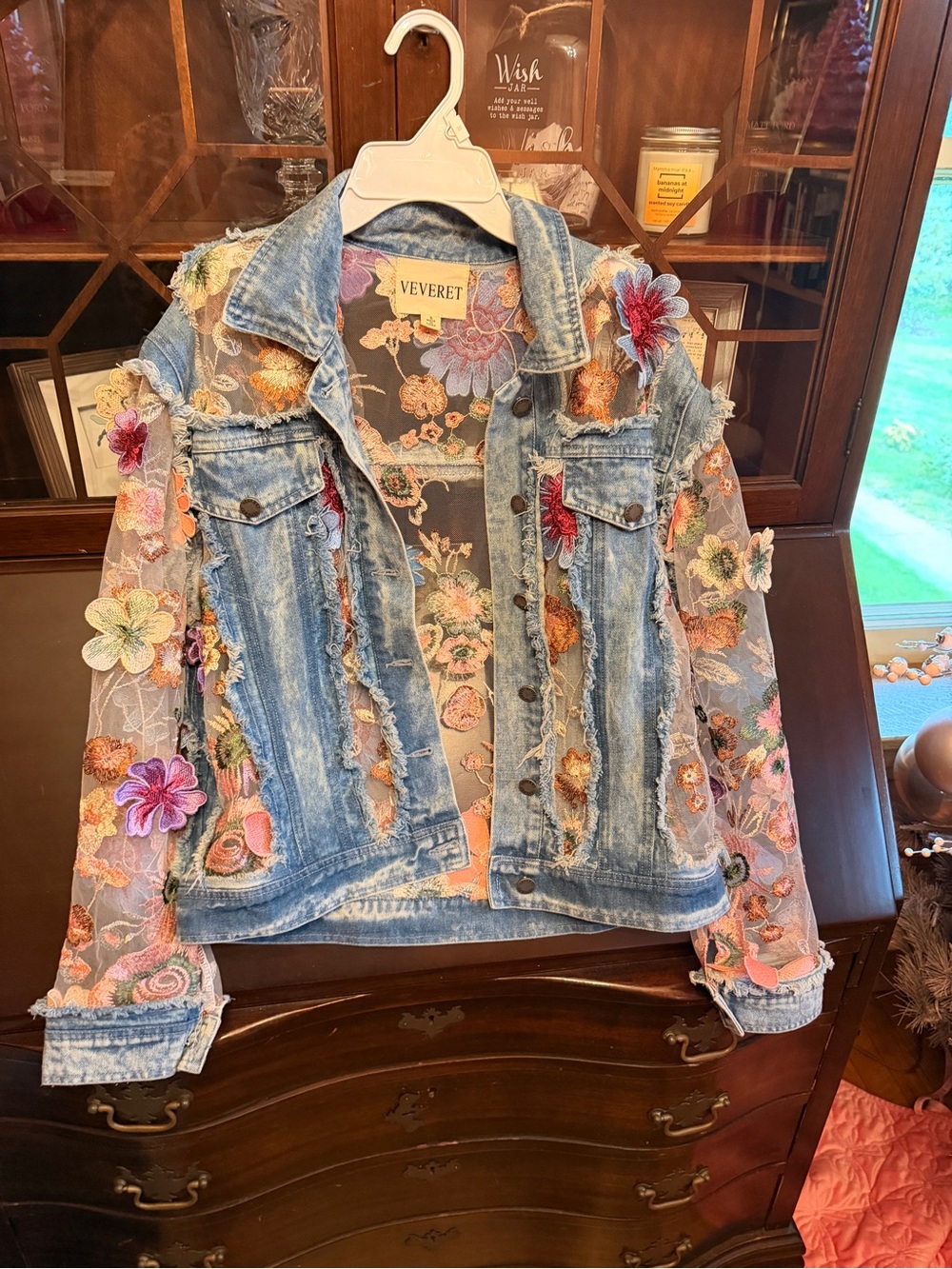 Veveret Light Blue Denim Jacket with Floral Lace Appliqués